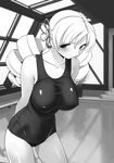  bad_id bad_pixiv_id blush breasts covered_nipples drill_hair greyscale hair_ornament impossible_clothes impossible_swimsuit indoors jiji large_breasts long_hair mahou_shoujo_madoka_magica monochrome one-piece_swimsuit pool poolside rei_no_pool school_swimsuit solo swimsuit tomoe_mami twin_drills twintails window 