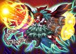  alternate_weapon arm_cannon black_wings bow brown_eyes brown_hair cape concrete dual_wielding fue_(fuef) gatling_gun glowing glowing_weapon gun hair_bow holding huge_weapon long_hair reiuji_utsuho shirt skirt smile solo space touhou weapon wings 
