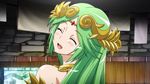  :d bangs bare_shoulders blush choker closed_eyes from_behind goddess green_hair head_tilt jewelry kid_icarus kid_icarus_uprising long_hair looking_back necklace open_mouth palutena parted_bangs screencap shaft shaft_look smile solo swept_bangs tiara 