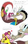  antler antlers blue_eyes blush comic dialog dialogue discord_(mlp) draconequus english_text equine female feral friendship_is_magic horn horse kissing male mammal mickeymonster mistletoe my_little_pony pinkie_pie_(mlp) plain_background pony red_eyes text white_background wings 