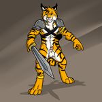  animal_genitalia armor balls bottomless clothed clothing cone_penis ear_piercing feline feline_penis green_eyes half-dressed hybrid letigre lynx male mammal nude pauldron penis penis_tip piercing sheath solo stripes sword tiger tigerlynx unconvincing_armor weapon 