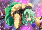  arm_up blush boots chro eyeball glowing green_eyes green_hair hand_on_headwear hat hat_ribbon heart heart_of_string komeiji_koishi long_sleeves open_mouth outstretched_arm ribbon shirt short_hair skirt sleeves_past_wrists solo third_eye touhou wide-eyed wide_sleeves 