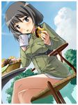  black_eyes black_hair blue_sky blush bob_cut chair cloud crossed_legs cup day doughnut dutch_angle eating flower food food_on_face from_below hi-ho- katou_takeko looking_at_viewer military military_jacket military_uniform mug no_pants outdoors sitting sky solo table tree uniform wisteria world_witches_series 