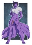  anthro back_hair balls black_nose body_hair bottomless canine clothed clothing erection fox grey_eyes hair half-dressed looking_at_viewer male mammal muscles penis purple_body shirt short_hair silver_(oxsilverxo) smile solo spearfrost standing 