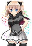  black_legwear blonde_hair blue_eyes capelet demon_tail highres impossible_clothes impossible_shirt kosumo looking_at_viewer original shirt smile solo star tail thighhighs twintails zettai_ryouiki 