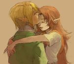  1girl blonde_hair brown_background brown_hair closed_eyes couple earrings forehead_kiss hetero hug jewelry kiss link long_hair malon pointy_ears short_sleeves the_legend_of_zelda the_legend_of_zelda:_ocarina_of_time yo_mo 