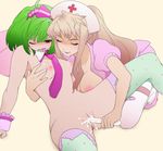  blush bow breasts closed_eyes drooling green_hair hair_bow hat junjou_otome long_hair macross macross_frontier multiple_girls necktie nipples nude nurse nurse_cap object_insertion one_eye_closed open_mouth pee pussy ranka_lee red_eyes saliva sheryl_nome short_hair small_breasts spread_legs test_tube thighhighs wince wrist_cuffs yuri 