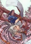  animal_ear_fluff animal_ears bare_shoulders black_legwear boots detached_sleeves eyebrows high_heels lolita_fashion original pantyhose petals red_eyes shoes silver_hair skirt solo suzuno_(bookshelf) torii upside-down wa_lolita 