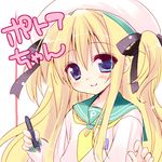  blonde_hair blue_eyes borrowed_character hat long_hair lowres original pen sakura_hanpen school_uniform serafuku shimotsuki_potofu smile solo two_side_up 