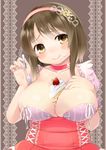  between_breasts breasts brown_eyes brown_hair cake choker food food_on_face fork fruit hairband huge_breasts idolmaster idolmaster_cinderella_girls lace long_hair mimura_kanako plump smile solo strawberry u_(the_unko) 