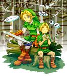  akibon beamed_eighth_notes belt blonde_hair blue_eyes closed_eyes earrings eighth_note fairy gloves hat holding holding_sword holding_weapon instrument jewelry left-handed link multiple_boys musical_note navi ocarina pointy_ears spoken_musical_note sword the_legend_of_zelda the_legend_of_zelda:_ocarina_of_time time_paradox tree_stump weapon young_link 
