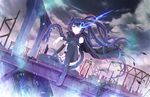  bad_id bad_pixiv_id black_hair black_legwear black_rock_shooter black_rock_shooter:_innocent_soul black_rock_shooter_(character) blue_eyes boots burning_eye cloud dutch_angle glowing glowing_eye highres long_hair ron_(black_rock_shooter) ruins sitting sky solo star_(sky) starry_sky thigh_boots thighhighs twintails zeroshiki_kouichi zettai_ryouiki 