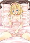  aiba_kou alice_margatroid ass bed bed_sheet blonde_hair blue_eyes blush breasts camisole cleavage collarbone covered_nipples frilled_pillow frills hairband lingerie lying medium_breasts negligee no_panties on_back open_mouth pillow short_hair solo spread_legs touhou underwear 