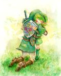  1girl age_difference belt boots closed_eyes funetail green green_footwear green_hair green_hairband hairband hat height_difference hug kneeling link pointy_ears saria sheath sheathed shield standing sword the_legend_of_zelda the_legend_of_zelda:_ocarina_of_time traditional_media weapon 
