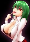  bad_id bad_pixiv_id bra breasts brown_bra finger_to_mouth green_hair highres kazami_yuuka lace lace-trimmed_bra large_breasts lingerie mattari_yufi open_clothes open_shirt red_eyes shirt short_hair skirt slit_pupils solo tongue tongue_out touhou underwear 
