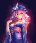  bare_shoulders breasts bug butterfly cherry_blossoms cleavage closed_fan fan folding_fan hat insect japanese_clothes kimono obi off_shoulder petals pink_hair red_eyes saigyouji_yuyuko sash short_hair small_breasts smile solo touhou triangular_headpiece yuki_shizuku 