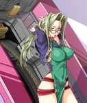  adjusting_hair angelg artist_request bespectacled breasts cockpit covered_nipples glasses green_eyes grey_hair impossible_clothes jacket lamia_loveless large_breasts mouth_hold no_panties ponytail skin_tight super_robot_wars super_robot_wars_original_generation 