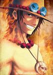  2010 black_eyes black_hair cowboy_hat dated fiery_background fire freckles green_hair hat kei-suwabe male_focus one_piece portgas_d_ace shirtless solo 