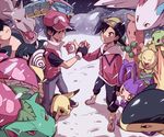  aerodactyl ambipom angry atom_(@tom) backwards_hat bad_id bad_pixiv_id baseball_cap fingerless_gloves gen_1_pokemon gen_2_pokemon gen_4_pokemon gloves goggles goggles_on_head gold_(pokemon) gyarados hair_over_one_eye hat holding holding_poke_ball light_smile looking_down multiple_boys open_mouth pikachu poke_ball pokemon pokemon_(creature) pokemon_special politoed poliwrath red_(pokemon) snorlax snow snowing spiral sudowoodo sunflora togekiss typhlosion venusaur yellow_eyes 