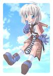  ahoge alternate_color backpack bag blue_eyes blush breastplate cloud day gloves grey_hair ishihara_masumi laughing novice ragnarok_online sky solo 