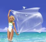  bird blonde_hair closed_eyes cloud day one-piece_swimsuit open_mouth original p-gin seagull shawl short_hair sky smile solo swimsuit tan thigh_gap translucent wading water 