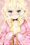  1girl blonde_hair blue_eyes blush breasts bust cleavage japanese_clothes kimono large_breasts mario_(series) nintendo pixiv_manga_sample princess_peach solo super_mario_bros super_mario_bros. upper_body yukimimi 