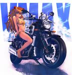  bikini blue_eyes boyaking breasts commentary flip-flops front-tie_top full_body groin ground_vehicle hair_ornament long_hair looking_at_viewer medium_breasts motor_vehicle motorcycle navel neon_genesis_evangelion orange_hair sandals shikinami_asuka_langley side-tie_bikini smile solo souryuu_asuka_langley swimsuit yamaha yamaha_v-max 