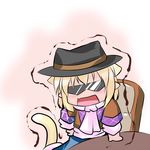  animal_ears blonde_hair cat_ears cat_tail chair chibi extra_ears hat hoshizuki_(seigetsu) mizuhashi_parsee open_mouth pointy_ears puru-see solo sunglasses table tail touhou trembling 