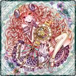  bad_id bad_pixiv_id chain clock detached_sleeves dress flower frills heterochromia highres horns long_hair nou open_mouth original pink_hair purple_eyes solo thighhighs yellow_eyes 