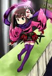  belt brown_hair fox_mask green_eyes japanese_clothes kimono mask minami_juujisei sandals sekaiju_no_meikyuu sekaiju_no_meikyuu_3 shinobi_(sekaiju) solo sword thighhighs weapon 