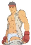  black_hair blush briefs bulge capcom dark_hair headband male male_focus pants_down ryuu_(street_fighter) solo street_fighter underwear white_background 