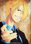  black_eyes blonde_hair cigarette dated grin kei-suwabe male_focus necktie one_piece sanji smile smoking solo 