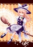  bad_id bad_pixiv_id blonde_hair bow braid broom broom_riding dress hair_bow hal360 hat hat_bow kirisame_marisa light_smile sidesaddle single_braid sitting solo touhou white_bow witch_hat 
