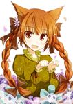  animal_ears arms_up blush bow braid brown_eyes brown_hair cat_ears dress extra_ears fang flower frame green_dress hair_bow hair_flower hair_ornament hair_ribbon kaenbyou_rin long_hair mashayuki md5_mismatch open_mouth paw_pose petals ribbon skull smile solo touhou twin_braids twintails upper_body 