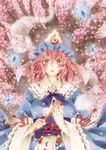  bad_id bad_pixiv_id breasts bug butterfly cherry_blossoms closed_fan fan folding_fan ghost hat hitodama insect japanese_clothes kyouda_suzuka large_breasts obi open_mouth petals pink_eyes pink_hair saigyouji_yuyuko sash short_hair smile solo touhou tree triangular_headpiece 