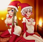  2girls bare_shoulders blue_eyes blush boots breasts brown_hair christmas detached_sleeves midriff multicolored_hair multiple_girls navel nipples open_mouth pascal santa_costume skirt tales_of_(series) tales_of_graces tales_of_the_abyss tear_grants thighhighs underboob yellow_eyes 