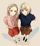  :o animal_print bad_id bad_pixiv_id blonde_hair bob_cut braid dress_shirt frills from_above grey_eyes hand_on_hip leopard_print multiple_girls nail_polish original shadow shirt short_hair simple_background skirt smile sumi_tooru wavy_hair 