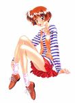  :d blazer hoshino_asuka jacket kai_tomohisa long_sleeves open_mouth pleated_skirt red_eyes sentimental_graffiti shirt short_hair simple_background sitting skirt smile socks solo striped striped_shirt white_background 