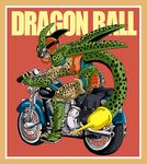  bad_pixiv_id cell_(dragon_ball) copyright_name dragon_ball dragon_ball_z goggles ground_vehicle highres looking_back monster motor_vehicle motorcycle no_humans shinomiya_akino tail wings 