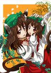  :p animal_ears brown_hair cat_ears cat_tail chen dual_persona earrings hat hug izuna_nie jewelry long_hair looking_at_viewer md5_mismatch multiple_girls multiple_tails older red_eyes single_earring smile tail tongue tongue_out touhou 