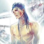  blue_hair dark_persona earrings facial_mark fate/stay_night fate_(series) jewelry lancer long_hair lowres male_focus ponytail red_eyes shirtless solo yuri_(k_a_other) 