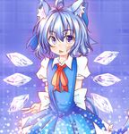  :p ahoge animal_ears blue_eyes blue_hair blush blush_stickers bow cat_ears cat_tail cirno dress hair_bow kemonomimi_mode short_hair solo tail tongue tongue_out touhou v waizu wings 