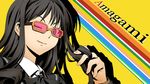  adjusting_hair amagami bespectacled black_jacket blazer blue_eyes copyright_name glasses jacket kibito_high_school_uniform lips long_hair makisige morishima_haruka one_eye_closed parody persona persona_4 playing_with_own_hair school_uniform smile solo style_parody yellow-framed_eyewear 