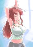  alternate_costume armpits arms_up bow braid breasts camisole cleavage closed_eyes commentary_request groin hair_bow hong_meiling large_breasts long_hair messy_hair midriff navel no_hat no_headwear red_hair shirt sinzan solo stretch taut_clothes taut_shirt touhou twin_braids upper_body 