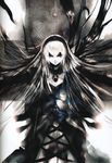  doll doll_joints dress fire hairband highres kei_(keigarou) long_hair outstretched_arms pale_skin red_eyes rozen_maiden silver_hair solo suigintou torn_clothes wings 