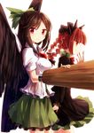  animal_ears arm_cannon bow braid brown_hair cat_ears dress fang fingernails hair_bow kaenbyou_rin kohaku. long_fingernails long_hair multiple_girls red_eyes red_hair reiuji_utsuho skirt smile touhou transparent_background twin_braids weapon wings 