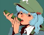  aqua_background blue_hair brown_eyes cucumber face hair_bobbles hair_ornament hands hat kawashiro_nitori looking_at_viewer onikobe_rin open_mouth sexually_suggestive short_hair simple_background solo tongue touhou two_side_up 