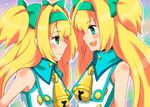  +_+ 2girls :d arc_system_works bell blazblue blazblue:_continuum_shift blonde_hair blush bow cow_bell cowbell dual_persona eye_contact green_eyes hair_bow hair_intakes happy long_hair looking_at_another luna_(blazblue) magical_girl multiple_girls multiple_personalities open_mouth platinum_the_trinity sena_(blazblue) smile symbols_as_pupils 