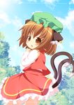  animal_ears arm_up blue_sky blush brown_eyes brown_hair cat_ears cat_tail chen cloud day earrings fang hat highres jewelry multiple_tails nekomata open_mouth pila-pela shirt skirt skirt_set sky solo tail touhou vest 