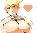 1girl blonde_hair breasts brown_eyes earrings fullmetal_alchemist heart jewelry large_breasts looking_at_viewer nipples open_eyes open_mouth riza_hawkeye shirt_lift short_hair simple_background solo 